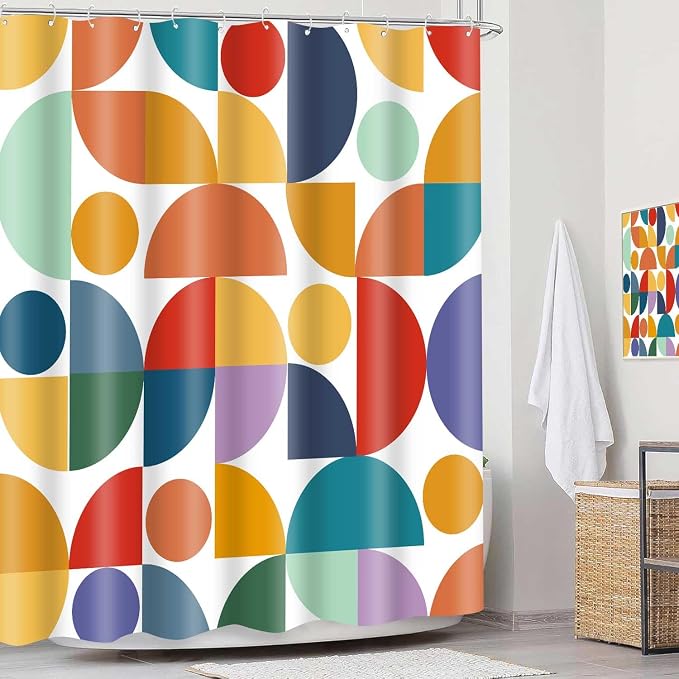Colorful Rainbow Geometric Shower Curtain Mid Century Modern Abstract Art Bathroom Curtain Decor 72x72 Inch Washable Fabric Bright Boho Circle Patterned Bath Curtain with 12 Hooks