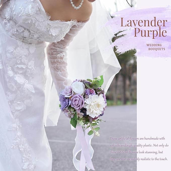 Lavender Purple Wedding Bouquets for Bride Bridesmaid,Lilac Bridal Bouquet Artificial Fake Silk Roses Flowers for Wedding Boho French Vintage Rustic Church Decoration Toss Bouquet (8.6in(M))