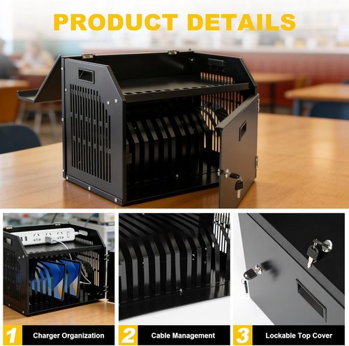 Biosp 12-Device Portable Charging Station - Lockable Storage for Tablets & Laptops | Black
