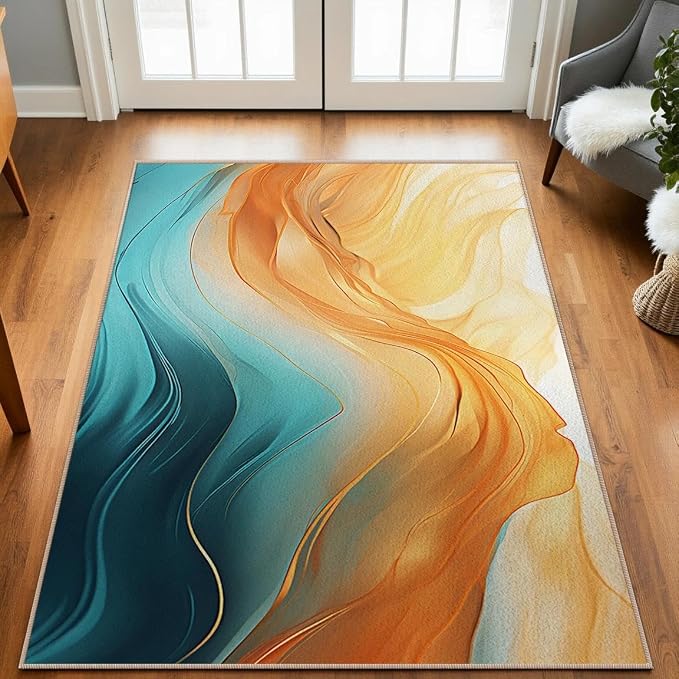 Teal Orange Living Room Rug Carpet 3x5, Turquoise Marble Decorative Area Rugs for Entryway Living Room Kitchen Bedroom, Orange Teal Gold Decor Carpet Non-Slip Machine Washable Indoor Entry Rug