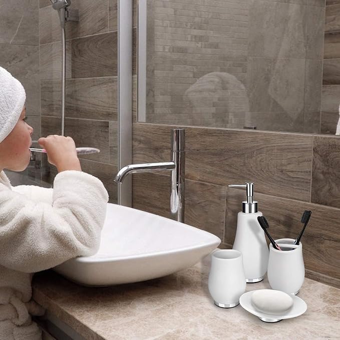 RQYIXI Bathroom Accessories Set 4 Pcs Toothbrush Holder Soap Dispenser Ceramic Bathroom Accessory Set with Toothbrush Cup Soap Dish Tumbler White