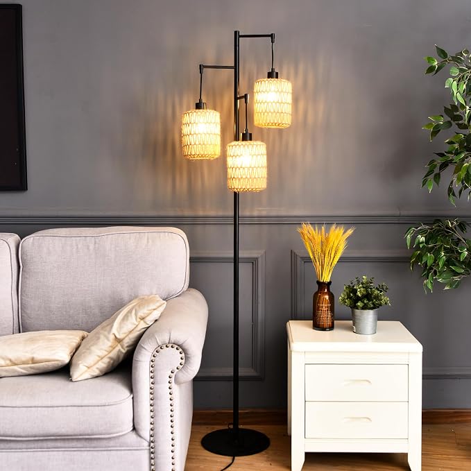 QIYIZM Floor Lamp for Living Room,Bedroom,3-Lights Boho Rattan Tree Floor Lights,Industrial Black Farmhouse Standing Lamp Wicker Rustic Tall Lamp,Woven Bamboo LampShade Floor Lamps Bohemian