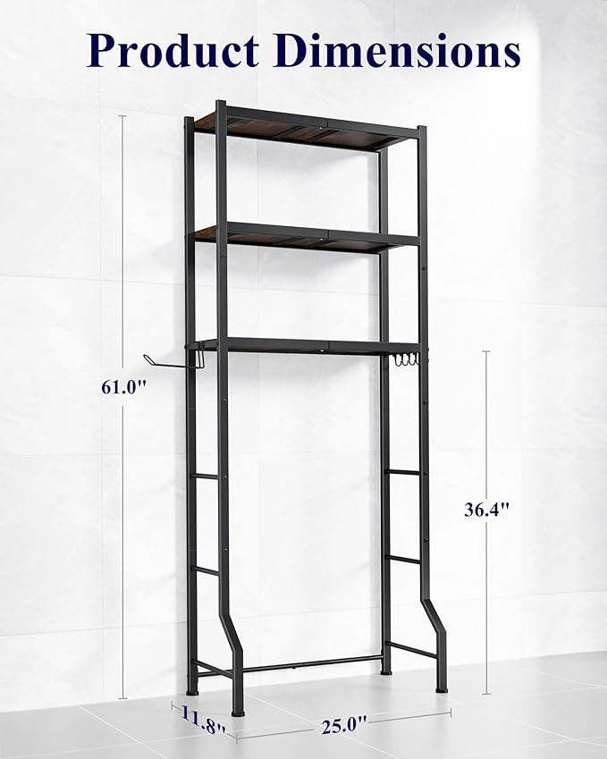 Kitsure Over The Toilet Storage Cabinet, Sturdy Bathroom Organizer, Easy Assembly, 3-Tier Shelf (61" H), Space Saving Storage for Small Bathroom, Heavy Duty Metal Frame, Brown & Black