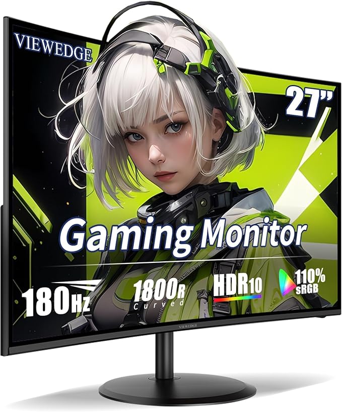 Viewedge 27 inch Curved Gaming Monitor 180Hz 1ms, FHD 1920x1080P Computer Monitor,1800R VA Screen, 120% sRGB with FreeSync, Low Motion Blur, HDMI & DP, Built-in Speakers