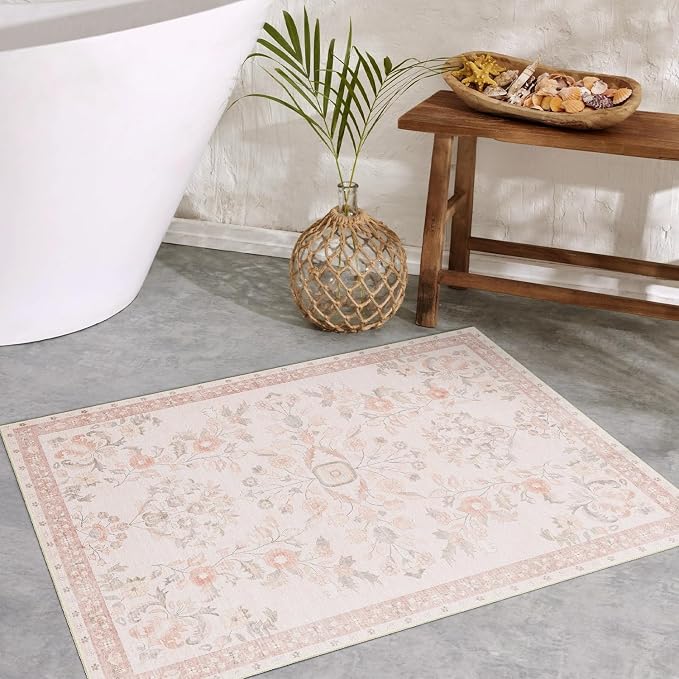 MUJOO Small Rug Washable,Pink 2x3 Area Rugs for Entryway,Floral Front Door Mat Indoor Entrance Entry Way,Boho Kitchen Bathroom Floor Rug Throw Carpet Non Slip Low Pile Vintage