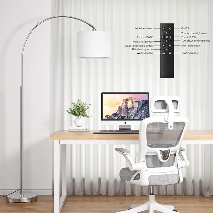 Ambimall Dimmable Arc Floor Lamp with Remote, Color Temperatures and Brightness Adjustable, Arched Floor Lamp with Rotating Head, Over Couch Arched Reading Light for Living Room (White and Silver)