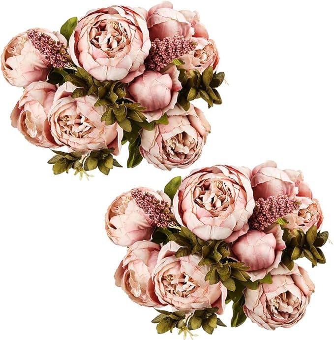 Fule 2 Pack Large Artificial Peony Silk Flower Bouquets Arrangement Wedding Centerpieces (Cameo Brown)