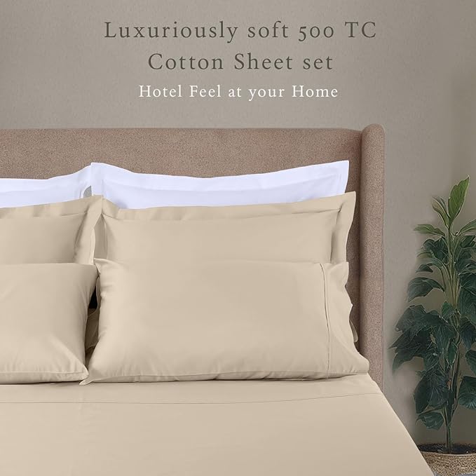 Threadmill - Hotel Luxury Cotton Sheets King Size 100% Cotton, 500 Thread Count Deep Pocket, Snug Fit, Soft & Crisp Cooling Hotel-Quality Bedsheets 4 Piece Set (King, Beige)