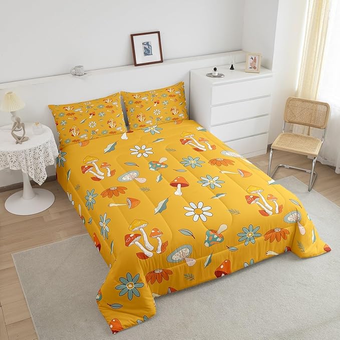Castle Fairy Retro Hippie Mushroom Twin Size Comforter Set,Groovy Flowers Floral Duvet Set with 1 Pillowcase for Kids BoysYellow Boho Soft Microfiber Bedding Comforters
