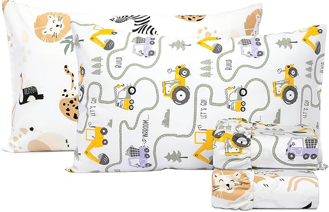 Salt Earth 100% Cotton 210TC Kids Bedsheet, Twin Sheet Set, Toddler Bed, 4-Piece Set – 2 Fitted Sheets & 2 Pillowcases, Themed Toddler Bed Sheets, Cute Kids Bedding (Jungle Safari/Tractor)