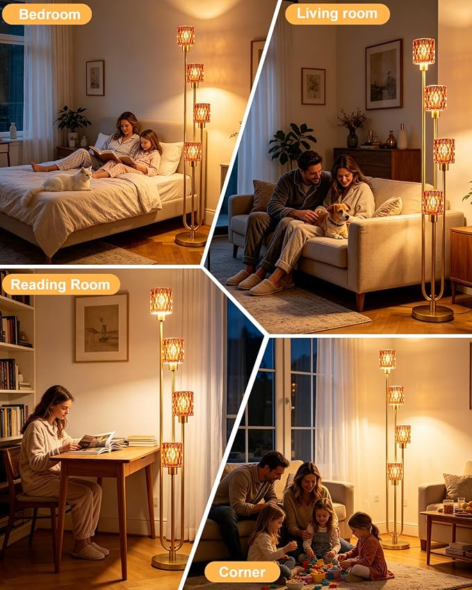 Vintage 4-Head Glass Floor Lamp, Gold Tiered Standing Lamp with Deep Red Textured Glass Shade, Dimmable LED Floor Lamp with 5Lbs Heavy Base for Living Room Bedroom Home Decor, Bulb Included
