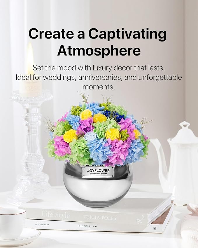 JoyFlower Preserved Flowers Vase Glass Decor, Eternal Flower Vases for Centerpiece, Forever Flower Decorations for Home Wedding Party Table Living Room Bedroom, Preserved Roses in Glass Vase(Colorful)