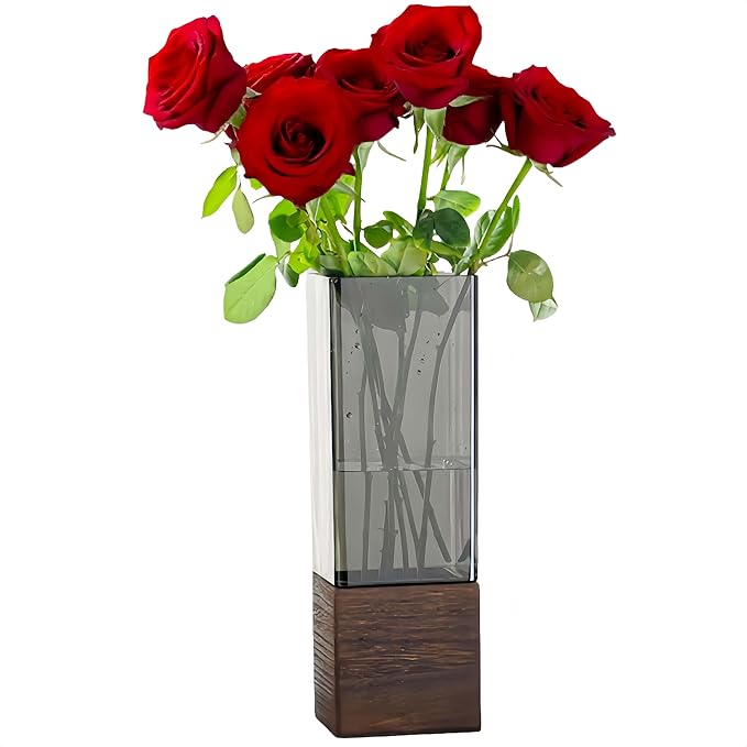 Shatterproof Acrylic Flower Vase with Wood Base–10”H*3.9''W Modern Table Centerpiece for Home Office Decor, Holds Fresh/Dried Stems, Lightweight&Stable, Present for Housewarming Christmas(Rectangular)