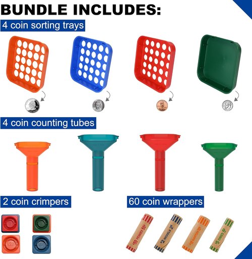 ESSENTIAL Coin Sorter Trays & Counter Tubes - 60 Assorted Preformed Coin Wrapper Rolls Included