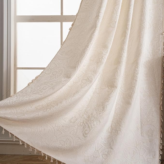 ENJOYBRIDAL Paisley 84 Inch Curtains for Bedroom Living Room Drapes Jacquard Semi Sheer Off White Floor Length Window Curtains 2 Panels Set Rod Pocket Boho Farmhouse Floral Cream Window Treatments