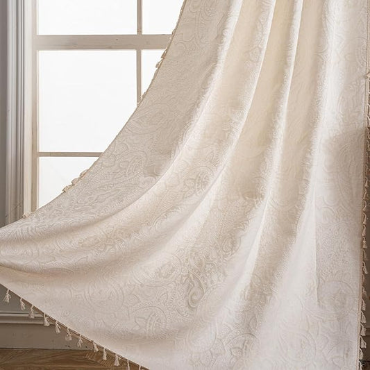 ENJOYBRIDAL Paisley 84 Inch Curtains for Bedroom Living Room Drapes Jacquard Semi Sheer Off White Floor Length Window Curtains 2 Panels Set Rod Pocket Boho Farmhouse Floral Cream Window Treatments