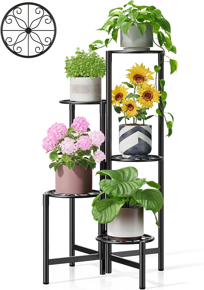 Plant Stand Indoor Outdoor, 5 Tier Corner Metal Flower Display Holder Stand, Folding Tall Plant Rack for Patio Balcony Porch Garden Living Room House, Heavy Duty Wrought Iron Plant Shelf - BlackS