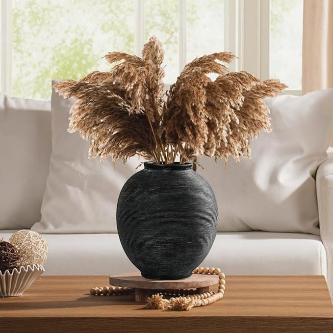 Black Round Ceramic Vase, 9.8 inch Large Textured Flower Vase,Minimalist Rustic Farmhouse Decor for Home, Living Room, Shelf, Table, Bathroom & Entryway Decoration (Black Bronze)