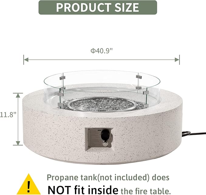COSIEST Outdoor Propane Fire Pit Coffee Table w Terrazzo White 42 inch Round Base Patio Heater, Certified, 50,000 BTU Stainless Steel Burner, Wind Guard, Transparent Gray Fire Glass, Rain Cover