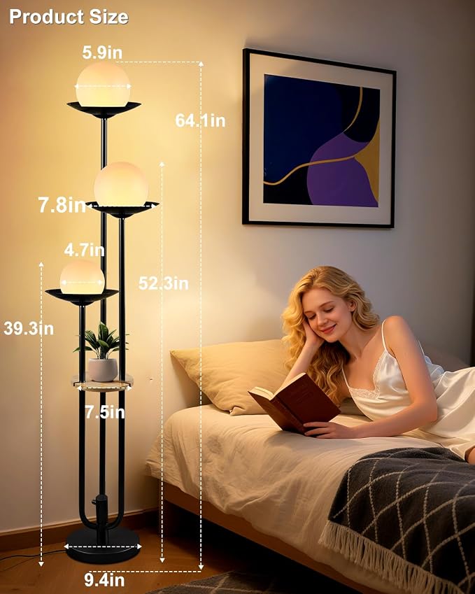 63IN Globe Floor Lamp with Table, 3-Lights Modern Dimmable Floor Lamps with 3000K Warm White Bulbs for Wedding/Party, Black Tall Standing Lamp with 5Lbs Heavy Base for Living Room/Bedroom