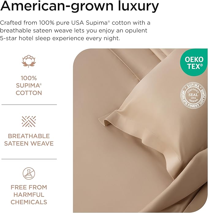 Threadmill Luxury Supima Cotton Sheets, Luxury 1200 Thread Count Soft 100% Cotton Sheets for Queen Size Bed, 4 Pc Beige Bed Sheets Queen Set, 5-Star Hotel Quality Deep Pocket Bed Sheets Set