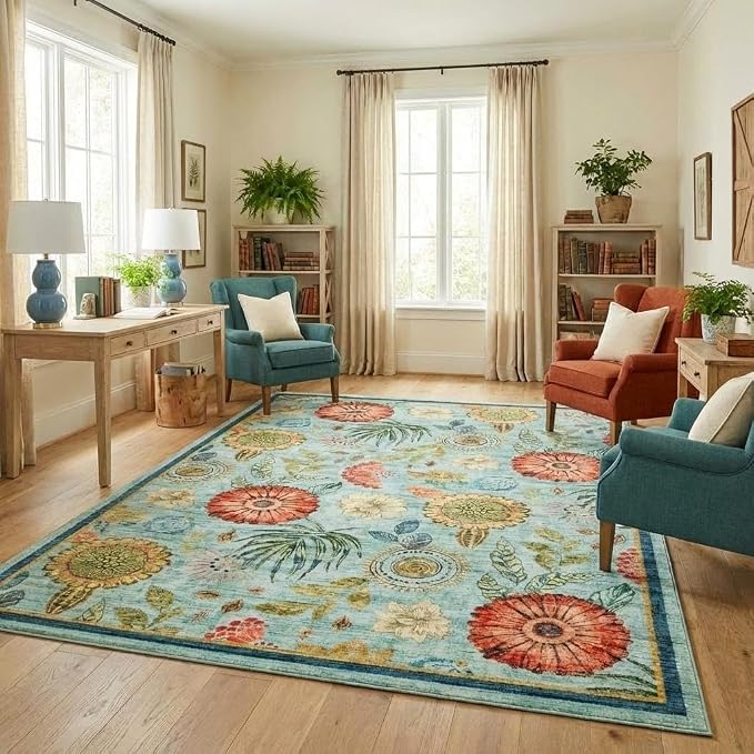 Washable 9x12 Vintage Floral Area Rug Non Shedding Living Room Large Carpet Non Slip Modern Botanical Solid Indoor Carpets Low Pile Floral Rug Soft Thin Mat for Classroom Dining Room, Blue