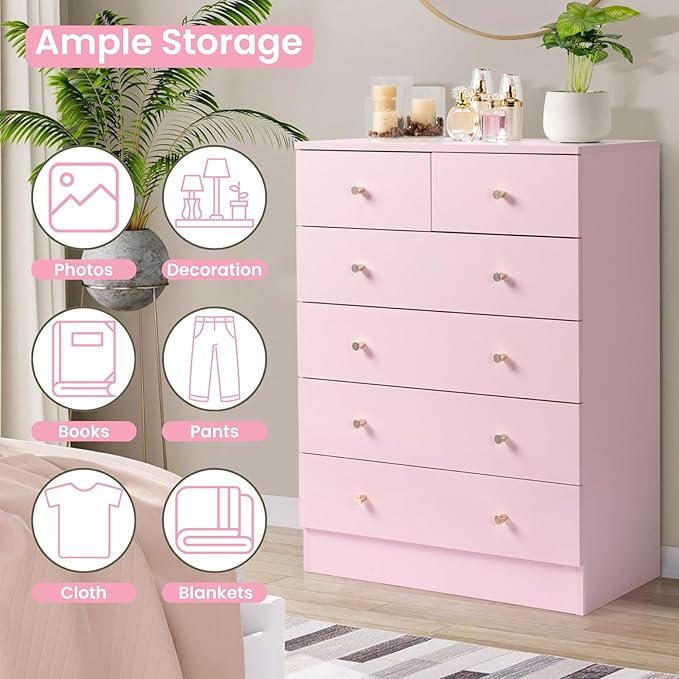 Karl home Pink 6 Drawer Dresser for Bedroom, Tall Dresser Chest of Drawers, Wood Pink Bedroom Dressers for Girls, Anti-Tipping Device, Rose Gold Metal Handle, Living Room, Entryway, Hallway, Office