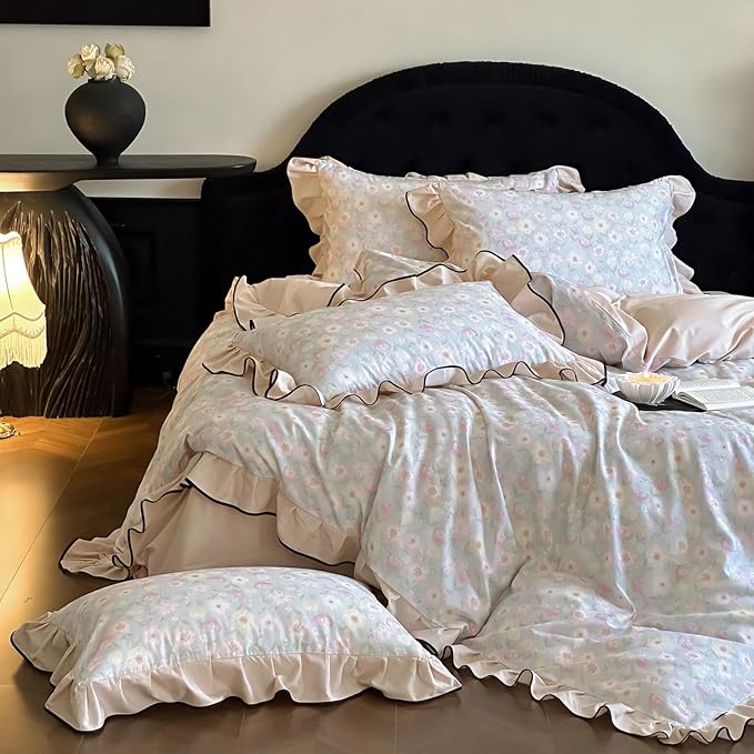 HighBuy Pink White Floral Duvet Cover Twin XL Ruffle Lace Design,Premium Brushed Cotton Durable with Beige Lace Edge Coquette Rose Floral Comforter Cover Set for College,Farmhouse Bedding Set