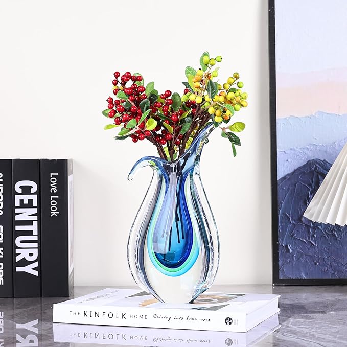 Blue Hand Blown Glass Vase – Oval Decorative Art Glass for Centerpieces, Murano Inspired Decor for Dining Room, Entryway Table, or Shelf, Handmade Glass Vase for Home Display (Blue Green)