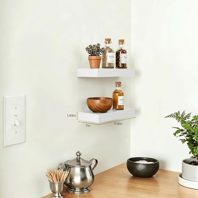 Floating Shelves for Wall Set of 2, White 11.8 Inch Small Wall Shelves for Bathroom Over Toilet, Bedroom & Apartment Storage, Wall Mounted Display Shelves for Decor & Toiletries