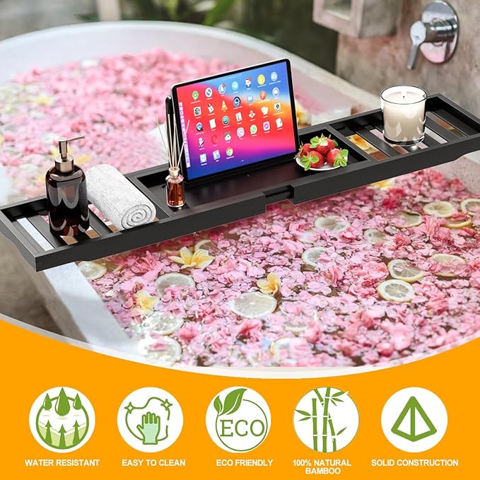 Bathtub Tray Black - Bath Tray Expandable - Bath Table Trays for Bathtub/Tub,Premium Bamboo Wooden, Fits Most Bath Tubs