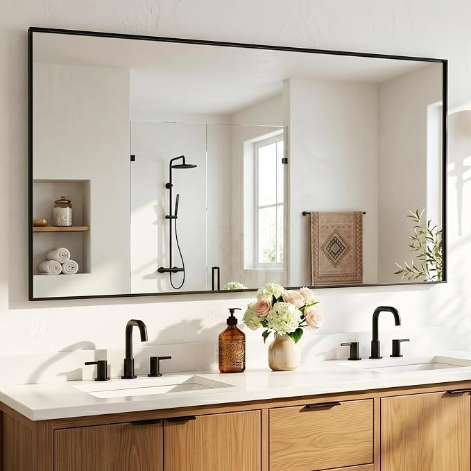 60"x30" Black Landscape Bathroom Mirror for 60-72 inch Double Vanity, Shatterproof Tempered Glass, Narrow Metal Frame, Ultra-Flush