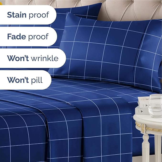CGK Unlimited Blue Grid Bed Sheet Set – 1 Flat & 1 Fitted Sheet & 2 Pillowcases w/Deep Pockets – Wrinkle & Fade Resistant - Soft, Breathable & Cooling – Checkered Grid Bed Set, Seasons - King Size