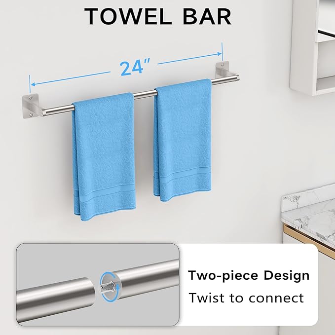 Brushed Nickel Bathroom Accessories Set, KLJKPA 4 Pieces Bathroom Hardware Set, 24 inch Towel Bar, Towel Racks for Bathroom, Robe Towel Hooks, Toilet Paper Holder Wall Mounted