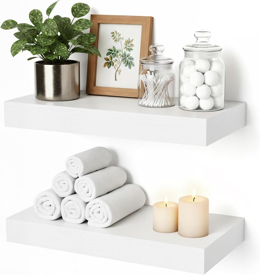 Floating Shelves for Wall 12 inch White Shelves Bathroom, Bedroom and Living Room, Wall Shelves & Book Shelf, Hanging Shelf, Modern Wooden Wall-Mounted Floating Shelf, Set of 2