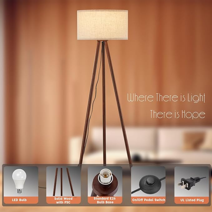 BTP Wood Tripod Floor Lamp for Living Room, 3 Color Temparature Bulb Included, Mid Century Modern Wooden Floor lamp with Linen Shade for Bedroom, Office, ETL Listed Walnut Wood Color