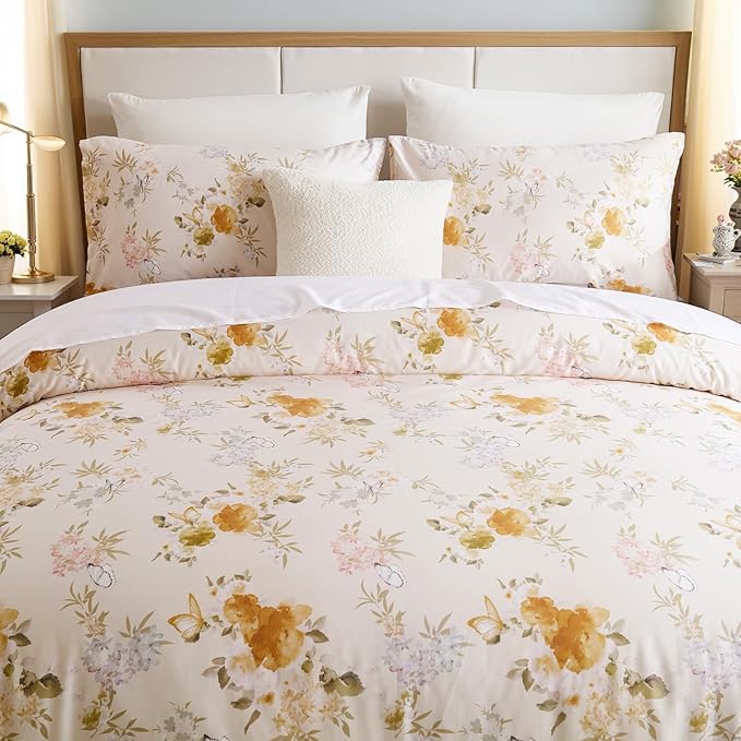 100% Cotton Duvet Cover Queen Size – Elegent Yellow Floral Duvet Cover Set with Zipper Closure & Corner Ties, 3-Piece Luxury & Silky Soft Bedding Set for All Seasons