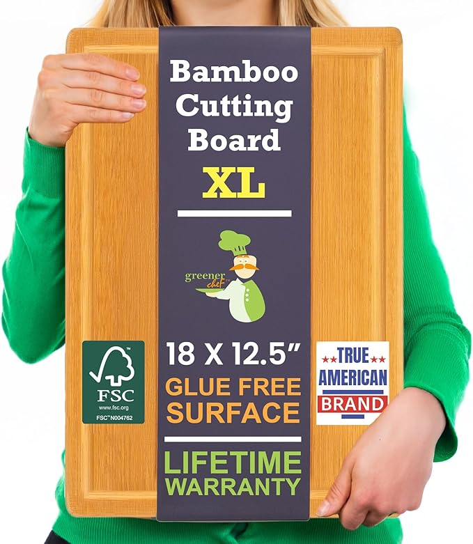 Extra Large Bamboo Cutting Board Featuring 18 Inch Wood Cutting Boards for Kitchen with Glue-Free Surface™ – Non-Toxic Wooden Chopping Boards, FSC-Certified, Durable Carving Boards - Rectangle