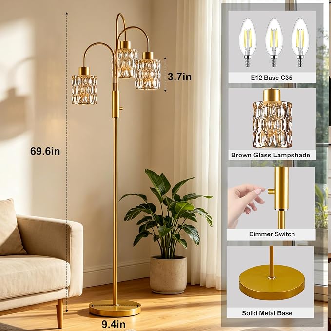 70" Glass Floor Lamp, 3-Light Gold Dimmable Standing Tall Lamp with Amber Ribbed Glass Shades &3PCS 3000K Warm White Bulbs, Modern Tree Pole Lamp for Living Room Bedroom Home Decor