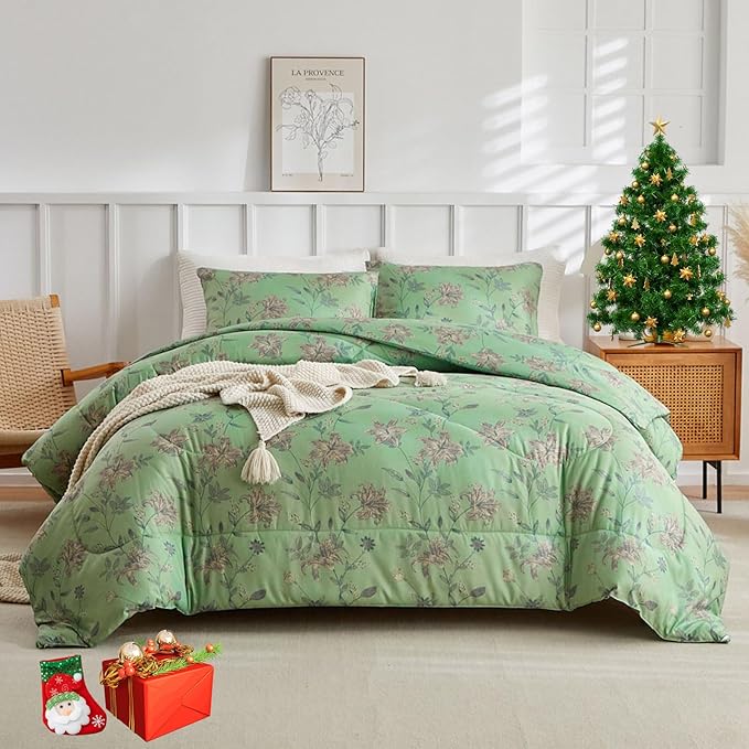 VM VOUGEMARKET Green Floral Bedding Twin XL Comforter Sets Soft Microfiber Vintage Garden Flower Bedding Comforter Set 1 Comforter & 2 Pillowcases Chic Botanical Comforter Set for Girls