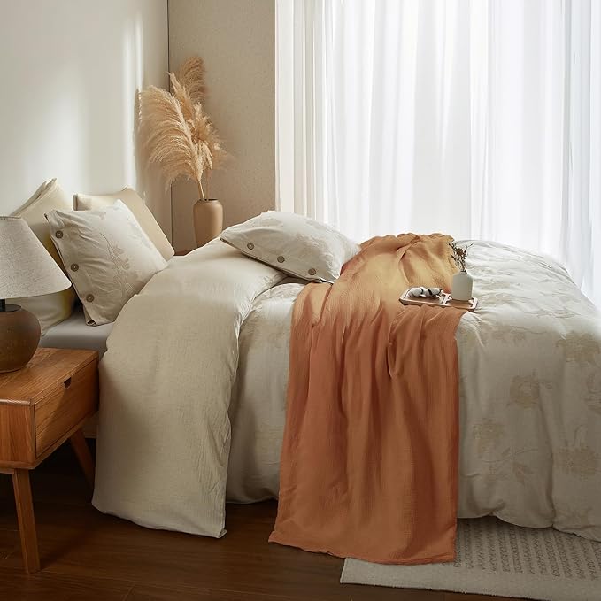 mixinni Queen Duvet Cover Set - 70% Cotton 30% Linen Blend, Bohemian Floral Jacquard 3-Piece Comforter Cover with 2 Pillowcases, Soft Breathable Lightweight Bedding Set (90"x90"), Almond Milk Grey