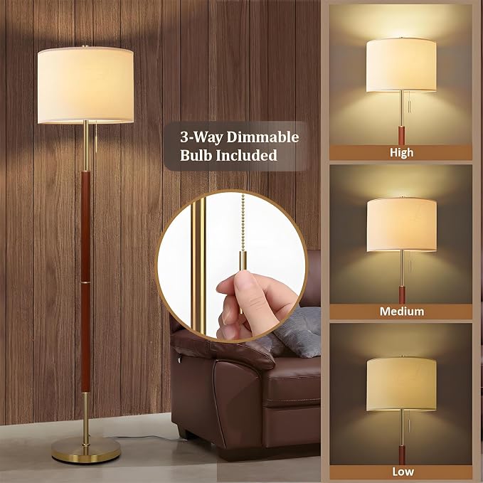 62" Walnut Gold Floor Lamp for Living Room, 1200LM 3-Way Dimmable Mid Century Modern Floor Lamp for Bedroom Office, Wood Vintage Standing Lamp Linen Shade, LED Bulb Included