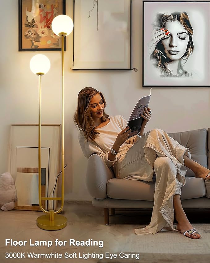 63IN Dimmable Floor Lamp with Shelf, Unique Globe Gold Tall Standing Lamps with 2 Bulbs, 3000K Warmwhite Mid Century Modern Floor Lamp with 5Lbs Heavy Base for Living Room/Bedroom