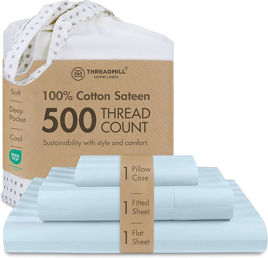 Threadmill 500 Thread Count Twin-XL Size Damask Stripe, 3 Pc Luxury Cotton Bed Sheet Set, Breathable Light Blue Sheets with 15" Elasticized Deep Pocket, 1 Pillowcase & Free Tote Bag