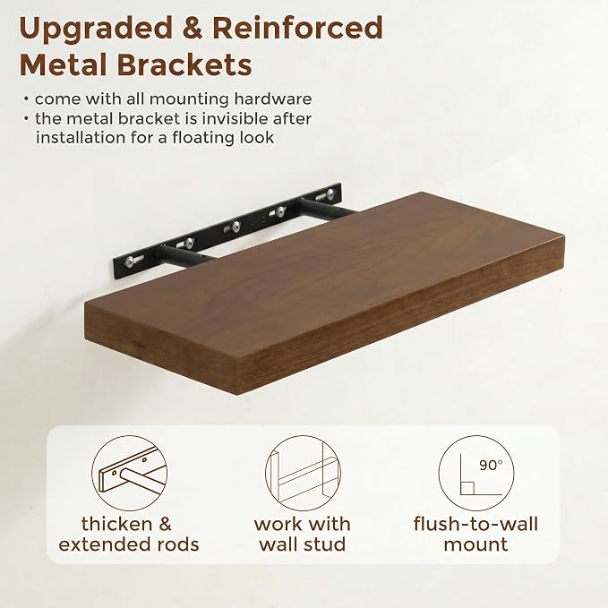 fuqing 20 Inch Floating Shelves | 6.7 Inch Deep Dark Wood Floating Shelves for Wall Set of 2 | 20''W x 6.7''D x 1.4''H Dark Wood Shelves for Living Room Bathroom Bedroom Kitchen Home Office