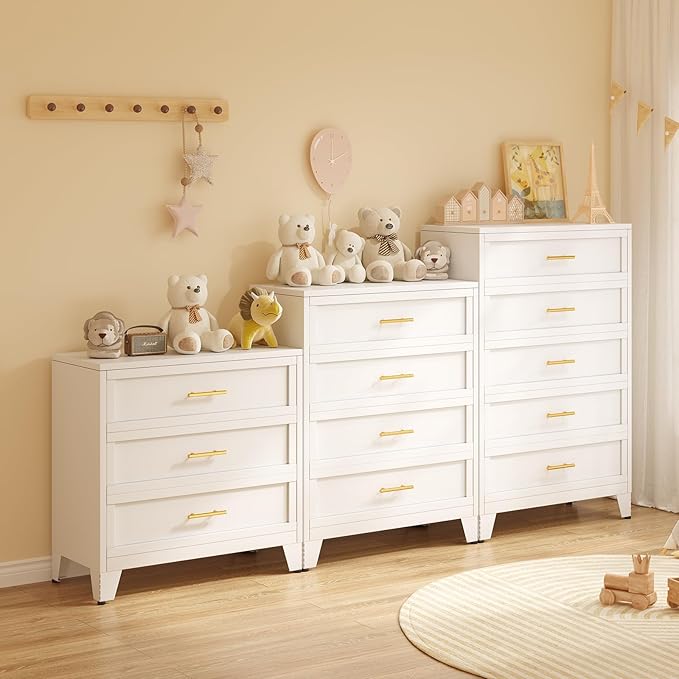34.25" Tall Metal Dresser for Bedroom, 3 Drawer White File Cabinet with Gold Handles, Dressers Chests with Fluted Panel, Vertical Drawer Storage Cabinet for Living Room, Entryway, Hallway