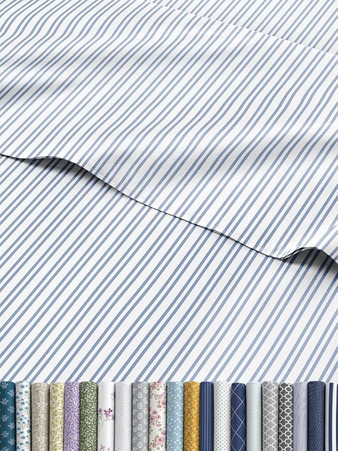 Blue and White Striped Sheets - 1 Flat & 1 Fitted Sheet & 2 Pillowcases w/ Deep Pockets - Comfy, Wrinkle & Fade Resistant - Ultra-Soft, Breathable & Cooling - Luxury Pinstripe Bedding - King Size