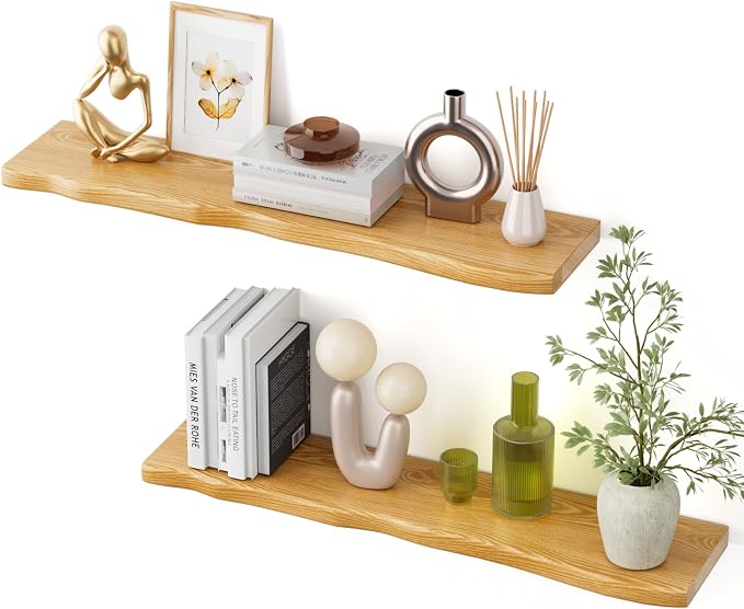 Solid Wood Live Edge Floating Shelves Set of 2 – 36" Rustic Wall Shelf with Hidden Bracket System, Wall Mounted Shelves for Bathroom, Kitchen, Living Room, Bedroom (Natural)