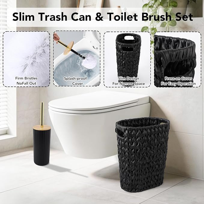 Bathroom Accessory Set, 10 Pieces Bath Set- Wicker Trash Can Tissue Box Soap Dish Toothbrush Holder Rinse Cup Lotion Bottle Toilet Brush Qtip Holder - Practical Bathroom Decor Sets (Black, Bath Set)
