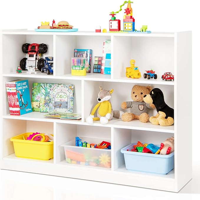 Costzon 3-Shelf Bookcase for Kids, Wooden Toy Storage Organizer for Books Toys, 8-Section Freestanding Classroom Daycare Montessori Bookshelf for Preschool, Home Playroom & Kindergarten (White)